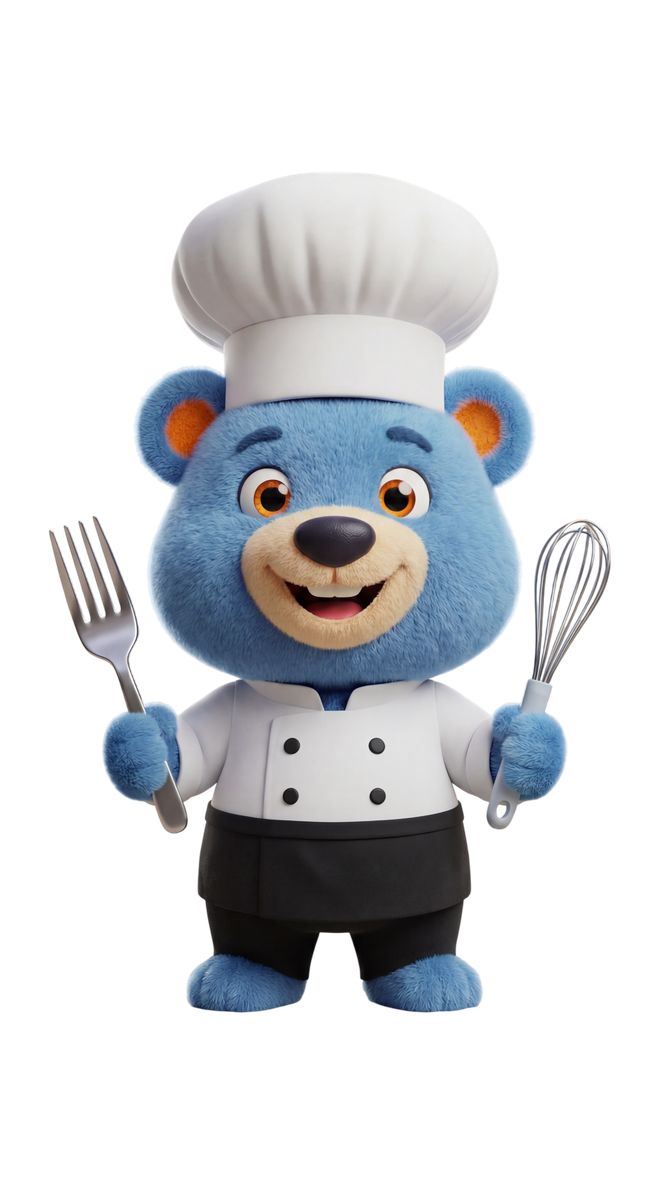 Mascote chef da Leve Refeições segurando garfo e batedor